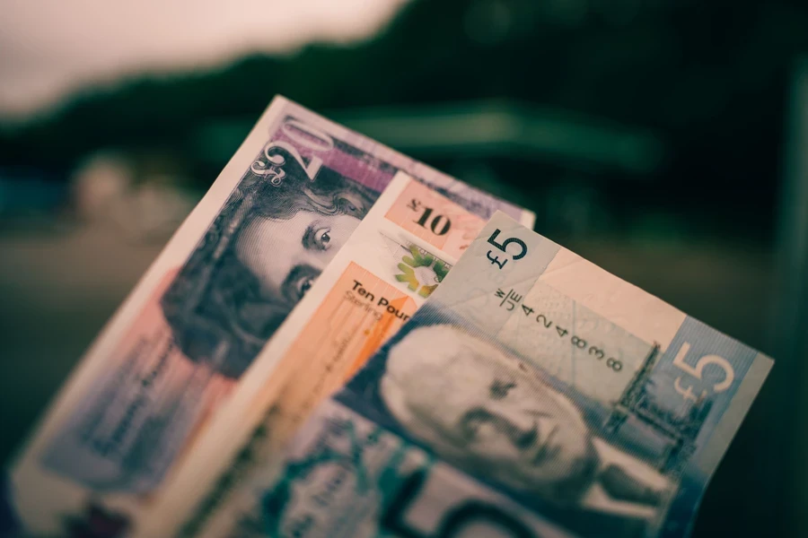 Close-up of British twenty, ten and five pound notes