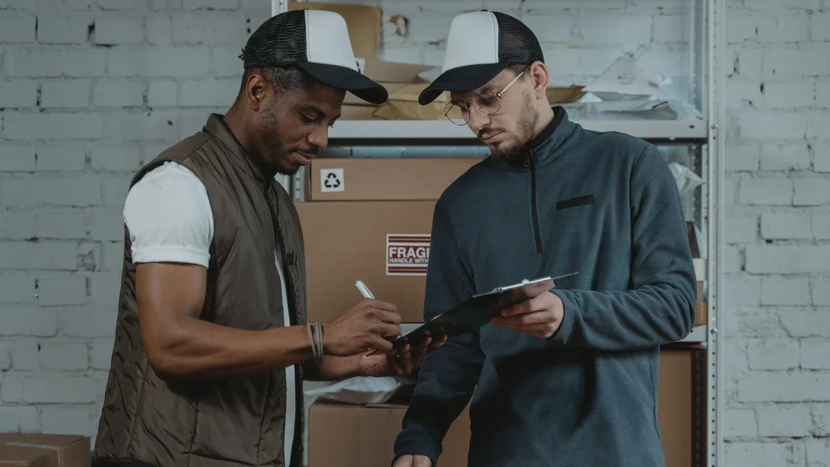 Courier in a cap and gilet signing a form on a clipboard held by a colleague, in a storeroom stacked with parcels