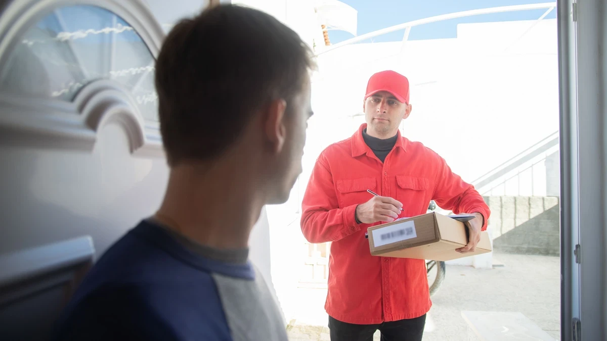 Courier in a red uniform holding a parcel and making notes at a customer's front door