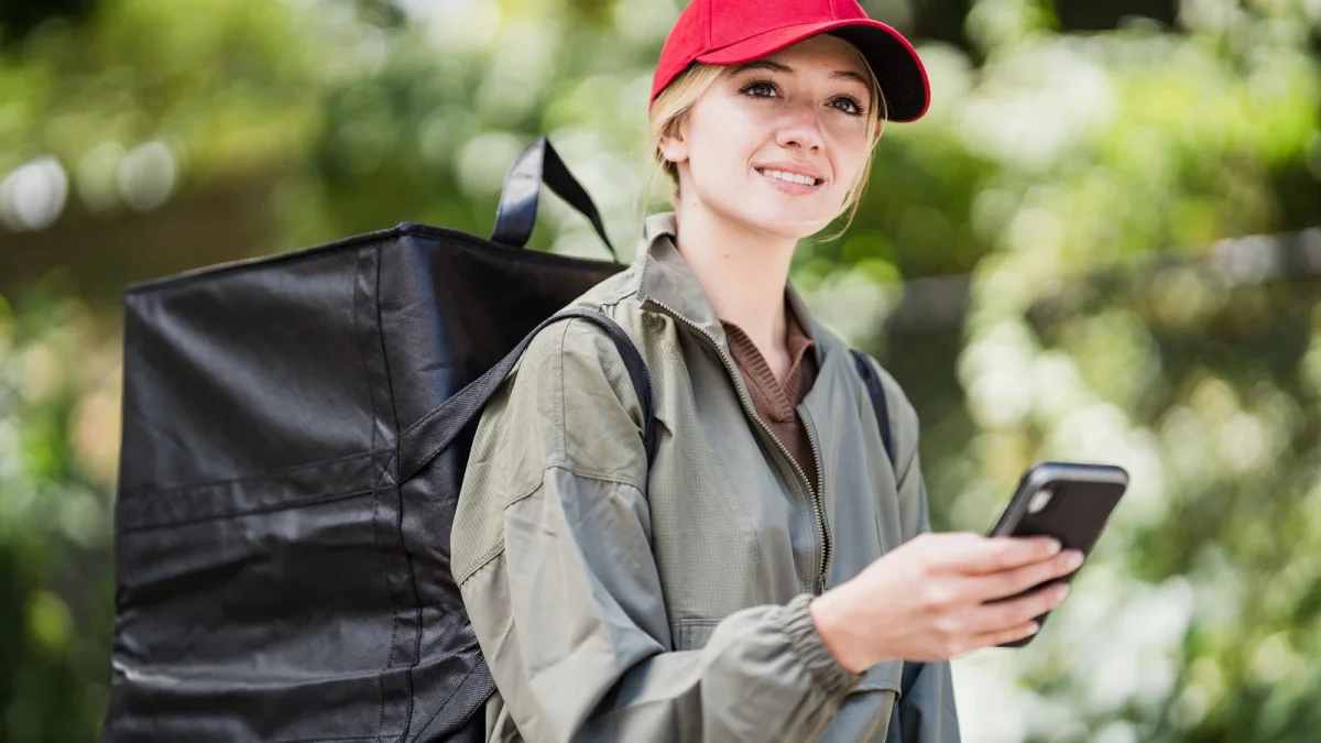 Courier in a red cap with a large black thermal delivery bag holding a smartphone outdoors