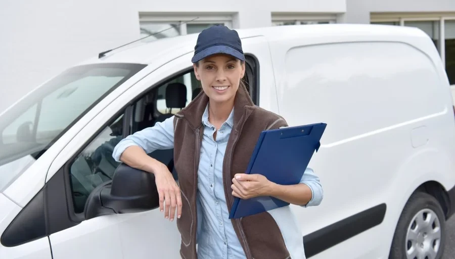 Delivery woman standing by van