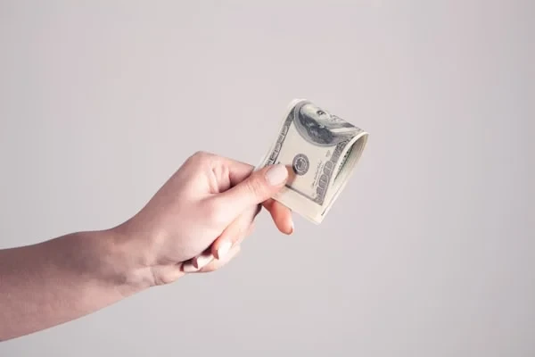 Hand holding folded US dollar bills