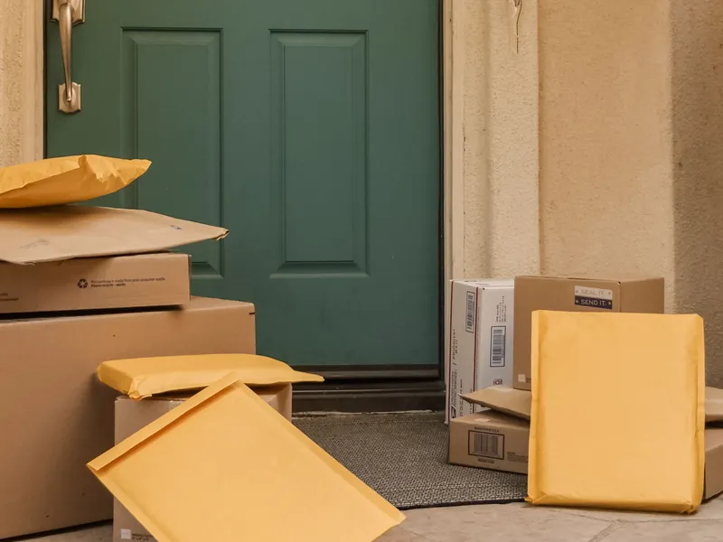 Parcels and padded envelopes left in a safe place on a residential doorstep