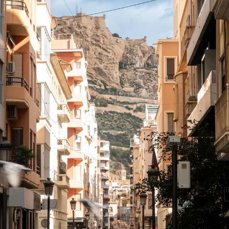 Calle del centro de Alicante entre edificios de balcones, con el monte Benacantil y el castillo de Santa Bárbara al fondo