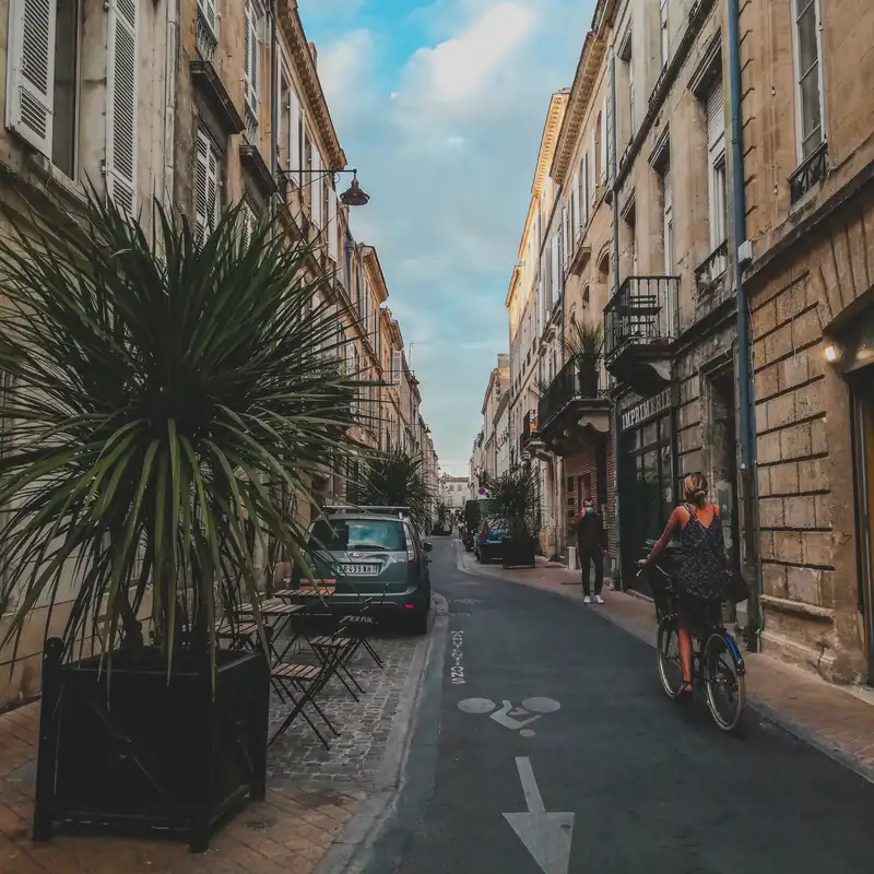 Une personne à vélo dans une rue étroite de Bordeaux bordée de façades en pierre blonde, un palmier en pot au premier plan