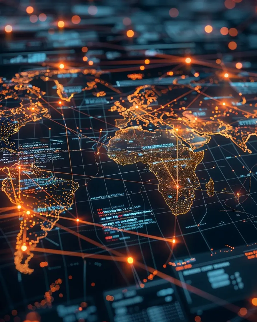 Digital world map with a glowing network of connections linking continents, global compliance coverage