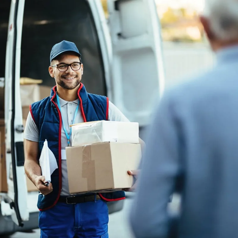 Smiling delivery driver handing packages to a customer next to his van