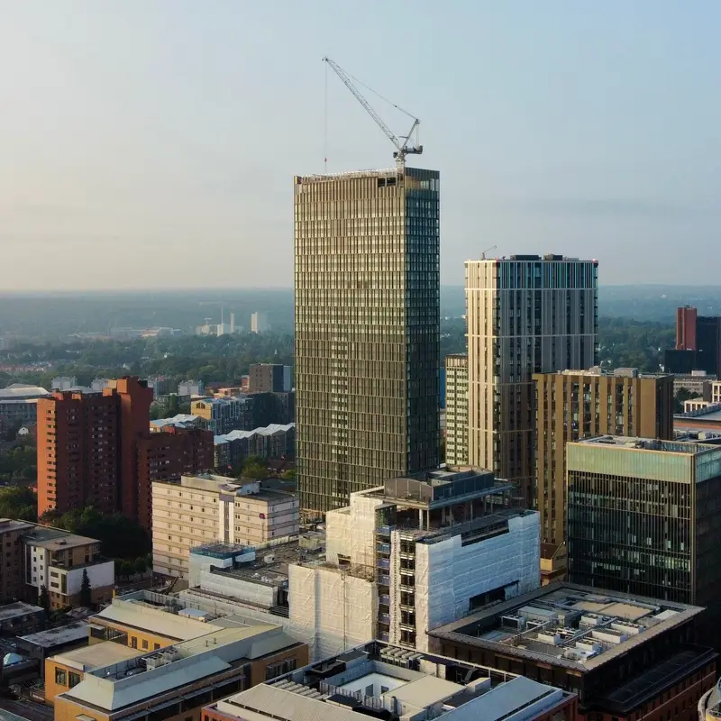 The Birmingham city centre skyline seen from the air at dusk