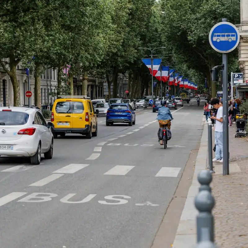 Un boulevard bordé de platanes et pavoisé de drapeaux tricolores, avec une voie de bus, une personne à vélo et une camionnette jaune dans la circulation