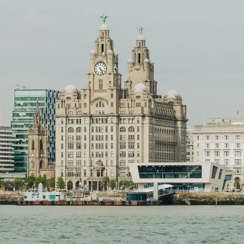 The Royal Liver Building on the Liverpool waterfront seen from the Mersey