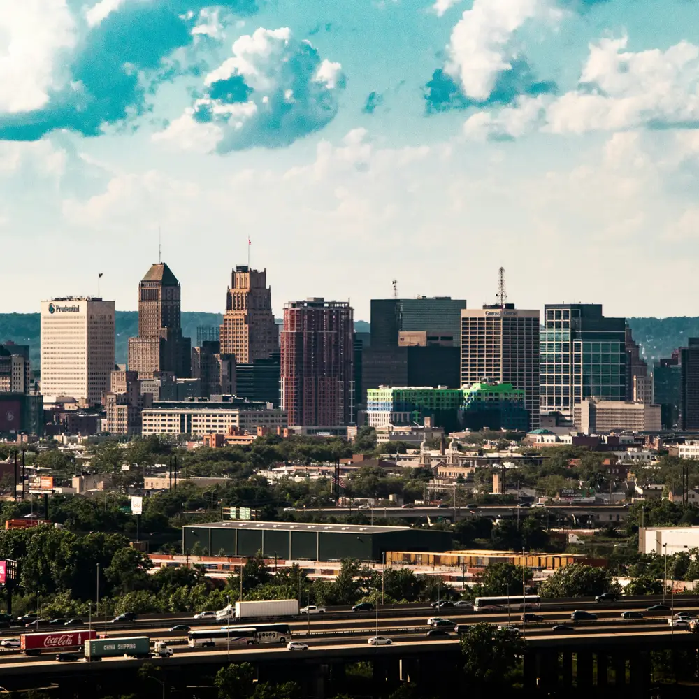 The Newark skyline above the highway and rail corridor that runs past the city